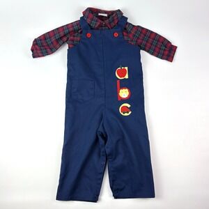 VTG Lisa Jackson Overall Set Toddler XL (22-26 lbs) Plaid L/S Shirt ABC Applique